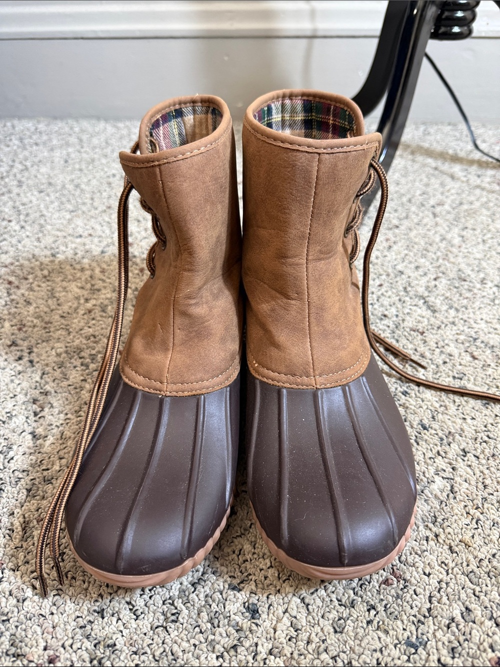 MarleyLilly Brown Two-Tone Duck Boots Side Lace Up Sz 9 NEW